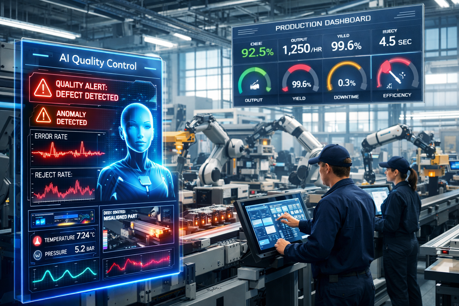 Modern Manufacturing Facility with AI Dashboard and Robotic Arms