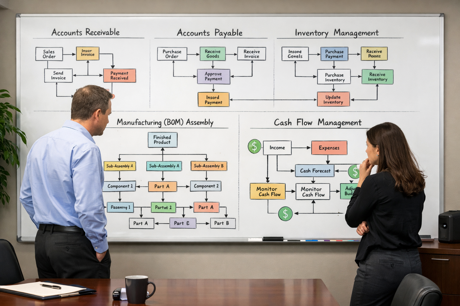 Workflow Diagrams on Whiteboard in Conference Room